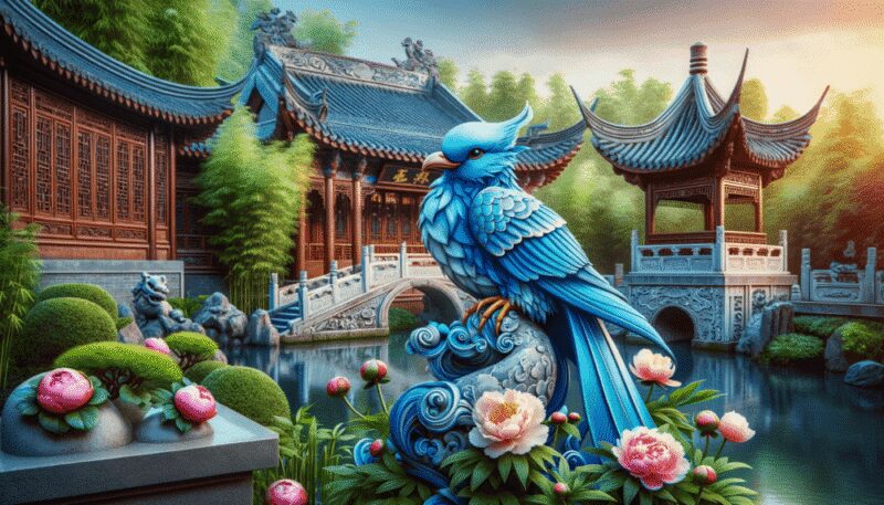 The Qingniao, with vibrant blue plumage, is depicted in an ancient Chinese temple garden. Perched on a stone sculpture, surrounded by peonies and bamboo, the bird symbolizes wisdom. The serene garden, featuring traditional architecture and koi ponds, reflects the Qingniao's connection to the spiritual and natural world.