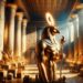 Shown in a grand temple setting, Ra, with a falcon head and sun disk crown, stands among hieroglyphics and ancient artifacts. The temple, bathed in sunlight casting a golden glow, captures Ra's essence as a deity of power, creation, and the sun.