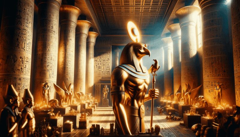 Shown in a grand temple setting, Ra, with a falcon head and sun disk crown, stands among hieroglyphics and ancient artifacts. The temple, bathed in sunlight casting a golden glow, captures Ra's essence as a deity of power, creation, and the sun.
