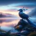 Shown beside a serene lake at dawn, the Rain Bird's feathers mimic the morning sky's soft blues, pinks, and purples. Perched on a rock by the lake, with the calm water reflecting the dawn sky and gentle mist rising, the image portrays the Rain Bird as a harbinger of rain and renewal in the tranquil beauty of a new day.