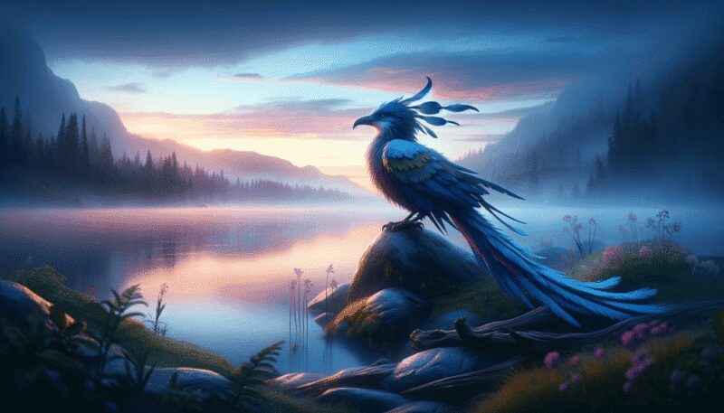 Shown beside a serene lake at dawn, the Rain Bird's feathers mimic the morning sky's soft blues, pinks, and purples. Perched on a rock by the lake, with the calm water reflecting the dawn sky and gentle mist rising, the image portrays the Rain Bird as a harbinger of rain and renewal in the tranquil beauty of a new day.