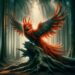 Depicted in a mystical forest, the Raróg has fiery red and orange plumage, symbolizing fire and magic. Perched on an ancient tree with its wings partially spread, the dense and shadowy forest creates a dramatic atmosphere, highlighting the Raróg's enigmatic presence.