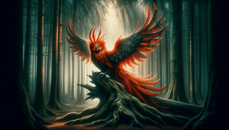 Depicted in a mystical forest, the Raróg has fiery red and orange plumage, symbolizing fire and magic. Perched on an ancient tree with its wings partially spread, the dense and shadowy forest creates a dramatic atmosphere, highlighting the Raróg's enigmatic presence.