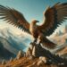 Illustrated in a mountain range, the Roc, with its massive wings, perches atop a high peak. Its earthy-toned feathers complement the rocky terrain, with a panoramic view of the mountains under a clear sky, portraying the Roc as a guardian of the mountains and the natural world.