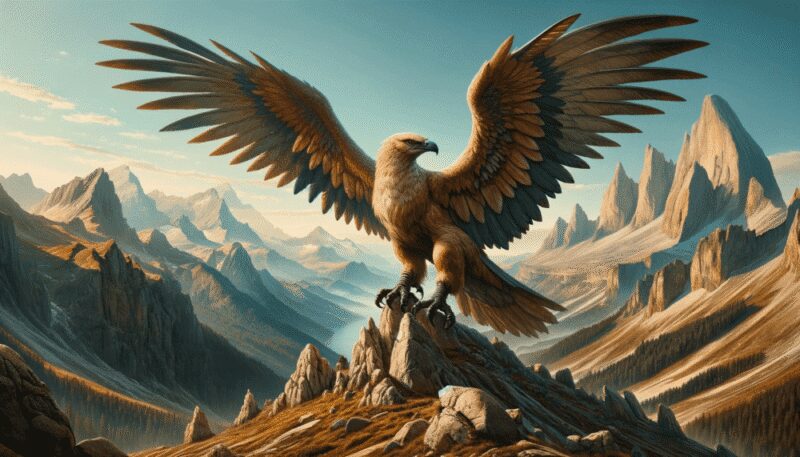 Illustrated in a mountain range, the Roc, with its massive wings, perches atop a high peak. Its earthy-toned feathers complement the rocky terrain, with a panoramic view of the mountains under a clear sky, portraying the Roc as a guardian of the mountains and the natural world.