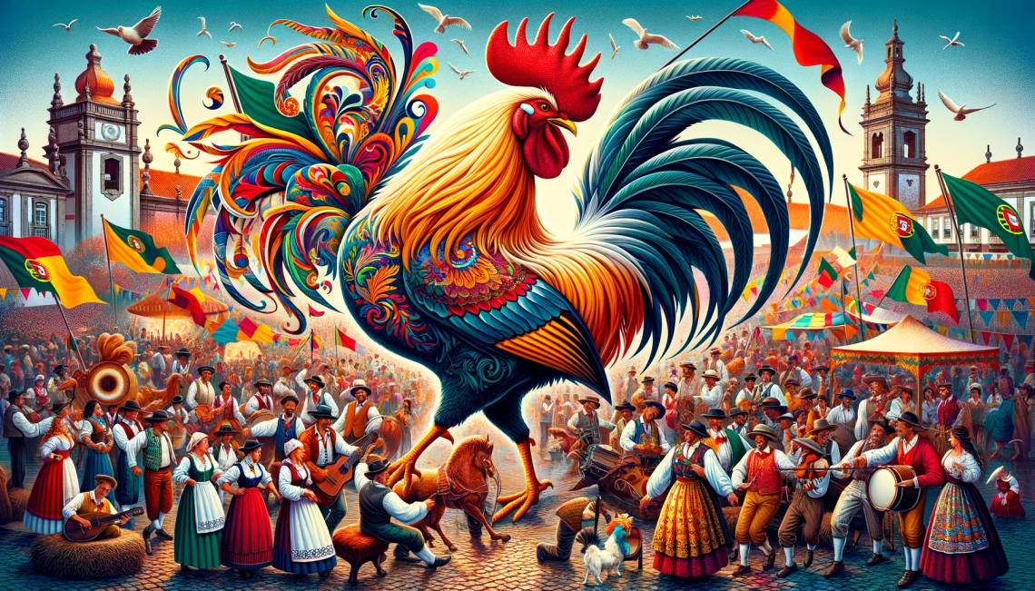 Illustrated in a vibrant festival setting, the Rooster of Barcelos is amidst a lively celebration with people in traditional costumes, music, and dance. Flags, banners, and decorations enhance the festive atmosphere, symbolizing joy, community spirit, and cultural pride in Portugal.