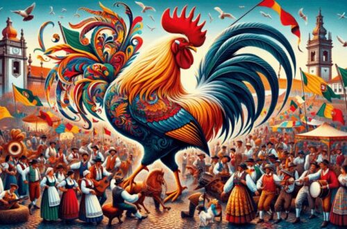 Illustrated in a vibrant festival setting, the Rooster of Barcelos is amidst a lively celebration with people in traditional costumes, music, and dance. Flags, banners, and decorations enhance the festive atmosphere, symbolizing joy, community spirit, and cultural pride in Portugal.