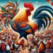 Illustrated in a vibrant festival setting, the Rooster of Barcelos is amidst a lively celebration with people in traditional costumes, music, and dance. Flags, banners, and decorations enhance the festive atmosphere, symbolizing joy, community spirit, and cultural pride in Portugal.