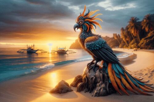 Shown in a coastal seascape at sunset, the Sarimanok perches on a rock by the sea, with the setting sun in the background. The tranquil seascape, with calm waters, sandy beaches, and traditional Filipino boats, captures the Sarimanok's elegance and its connection to the natural beauty of the Philippines' coastal landscapes.