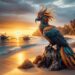 Shown in a coastal seascape at sunset, the Sarimanok perches on a rock by the sea, with the setting sun in the background. The tranquil seascape, with calm waters, sandy beaches, and traditional Filipino boats, captures the Sarimanok's elegance and its connection to the natural beauty of the Philippines' coastal landscapes.