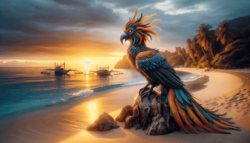 Shown in a coastal seascape at sunset, the Sarimanok perches on a rock by the sea, with the setting sun in the background. The tranquil seascape, with calm waters, sandy beaches, and traditional Filipino boats, captures the Sarimanok's elegance and its connection to the natural beauty of the Philippines' coastal landscapes.