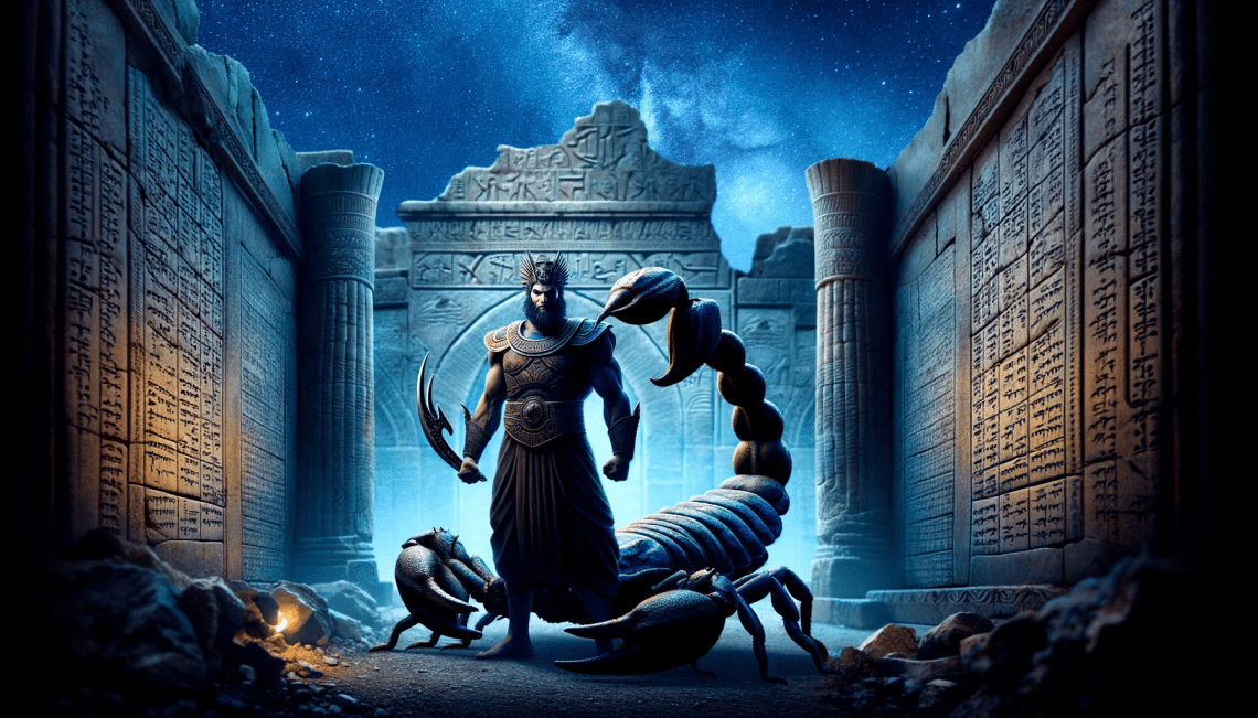 In a mysterious, ancient Mesopotamian ruin under a starry night sky, the Scorpion Man stands guard. With the upper body of a powerful man and the lower body of a gigantic scorpion, he embodies a vigilant protector. The setting, enriched with cuneiform inscriptions, emphasizes his role as a symbol of protection in ancient myths.