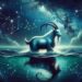 The Sea goat, with the upper body of a goat and the tail of a fish, swims among the stars in the sea. The ocean mirrors the night sky, with constellations and nebulae visible beneath the water's surface, capturing the Sea goat's connection to the cosmos.