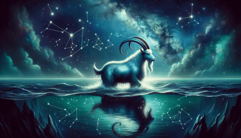 The Sea goat, with the upper body of a goat and the tail of a fish, swims among the stars in the sea. The ocean mirrors the night sky, with constellations and nebulae visible beneath the water's surface, capturing the Sea goat's connection to the cosmos.
