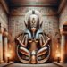 In an ancient Egyptian temple, Selket is depicted with a regal woman's head and a scorpion's lower body. She stands in a protective stance, with her arms outstretched, embodying a guardian and healer. The temple's hieroglyphs and sacred ambiance accentuate her role in curing scorpion stings and protecting against venomous creatures.