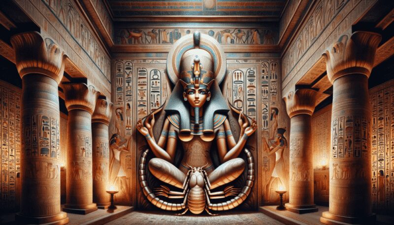 In an ancient Egyptian temple, Selket is depicted with a regal woman's head and a scorpion's lower body. She stands in a protective stance, with her arms outstretched, embodying a guardian and healer. The temple's hieroglyphs and sacred ambiance accentuate her role in curing scorpion stings and protecting against venomous creatures.
