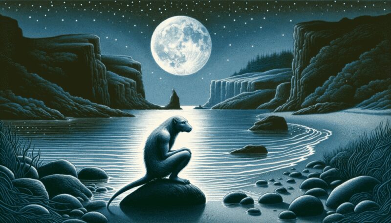 Illustrated in a moonlit cove scene, the Selkie, in human form, sits on a boulder at the water's edge, gazing at the sea under a starry sky. The tranquil cove setting symbolizes the Selkie's connection to both land and sea.