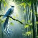 The Shangyang, a rain bird from Chinese mythology, is depicted in a lush bamboo forest during a rain shower. Its elegant blue and white plumage symbolizes rain and renewal. Perched on a bamboo branch, surrounded by glistening raindrops, the vibrant forest setting highlights the bird's role as a harbinger of rain.
