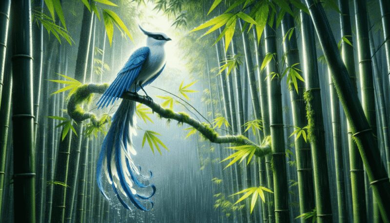 The Shangyang, a rain bird from Chinese mythology, is depicted in a lush bamboo forest during a rain shower. Its elegant blue and white plumage symbolizes rain and renewal. Perched on a bamboo branch, surrounded by glistening raindrops, the vibrant forest setting highlights the bird's role as a harbinger of rain.