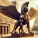 The Shedu, a mythical creature from Mesopotamian mythology, is shown in an ancient city. With the body of a bull, wings of an eagle, and a human head, it stands guard at the gates of a grand ziggurat. The ziggurat and buildings are adorned with intricate carvings, highlighting the Shedu's role as a powerful guardian deity and the architectural grandeur of ancient Mesopotamia.