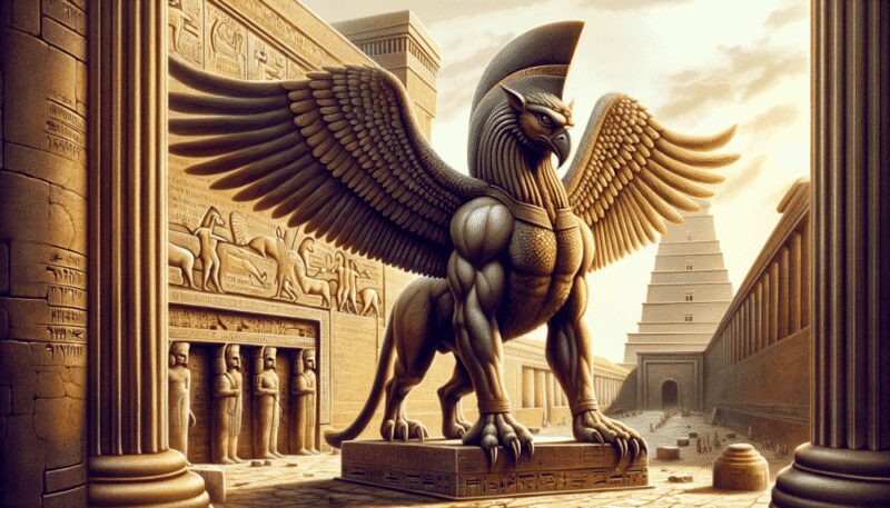 The Shedu, a mythical creature from Mesopotamian mythology, is shown in an ancient city. With the body of a bull, wings of an eagle, and a human head, it stands guard at the gates of a grand ziggurat. The ziggurat and buildings are adorned with intricate carvings, highlighting the Shedu's role as a powerful guardian deity and the architectural grandeur of ancient Mesopotamia.
