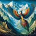 The Simurgh, a mythical bird from Persian mythology, is depicted in a majestic mountain landscape. With large, colorful plumage symbolizing wisdom and purity, it soars above the mountain peaks, commanding the sky. The rugged mountains with snow-capped peaks and lush valleys highlight the Simurgh's grandeur and connection to nature.