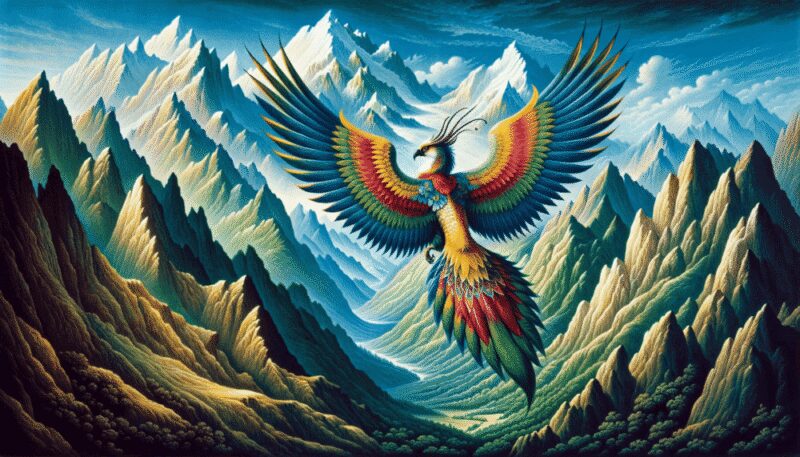 The Simurgh, a mythical bird from Persian mythology, is depicted in a majestic mountain landscape. With large, colorful plumage symbolizing wisdom and purity, it soars above the mountain peaks, commanding the sky. The rugged mountains with snow-capped peaks and lush valleys highlight the Simurgh's grandeur and connection to nature.
