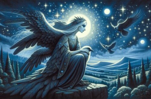 Sirin is shown under a starry sky, perched on a moonlit ledge overlooking rolling hills and ancient forests. The starlit backdrop adds a magical and ethereal quality, emphasizing Sirin's role as a symbol of cosmic wonder and the mysteries of fate in Slavic legends.