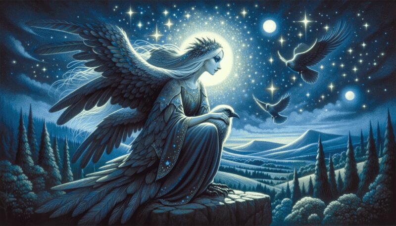 Sirin is shown under a starry sky, perched on a moonlit ledge overlooking rolling hills and ancient forests. The starlit backdrop adds a magical and ethereal quality, emphasizing Sirin's role as a symbol of cosmic wonder and the mysteries of fate in Slavic legends.