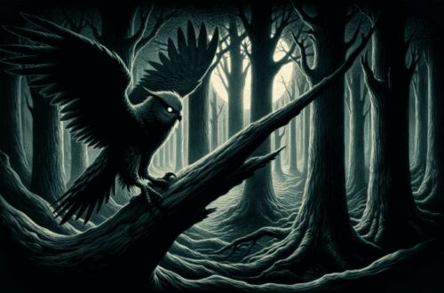 The Strix, with its eerie and mystical appearance, is perched on a broken column among moonlit Roman ruins. The full moon illuminates the decrepit structures and overgrown vegetation, casting long shadows and highlighting the Strix's ominous presence amidst the ruins, evoking its association with haunting tales and supernatural occurrences.