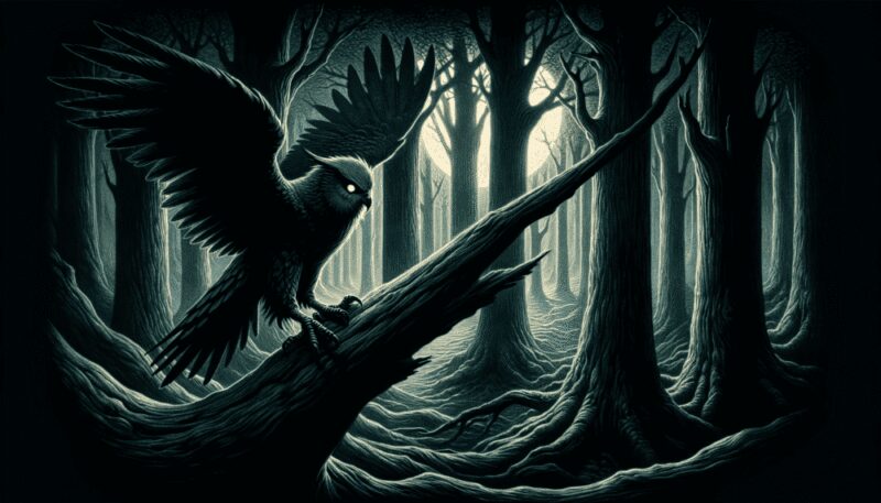 The Strix, with its eerie and mystical appearance, is perched on a broken column among moonlit Roman ruins. The full moon illuminates the decrepit structures and overgrown vegetation, casting long shadows and highlighting the Strix's ominous presence amidst the ruins, evoking its association with haunting tales and supernatural occurrences.
