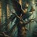 The Stymphalian birds from Greek mythology are depicted in the dense forests of Arcadia. Known for their metallic feathers and sharp beaks, they are perched on ancient trees, their bronze feathers glinting in the sunlight. The wild and untamed forest atmosphere emphasizes the birds' menacing and formidable nature.