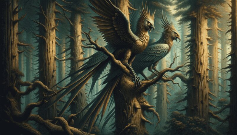 The Stymphalian birds from Greek mythology are depicted in the dense forests of Arcadia. Known for their metallic feathers and sharp beaks, they are perched on ancient trees, their bronze feathers glinting in the sunlight. The wild and untamed forest atmosphere emphasizes the birds' menacing and formidable nature.