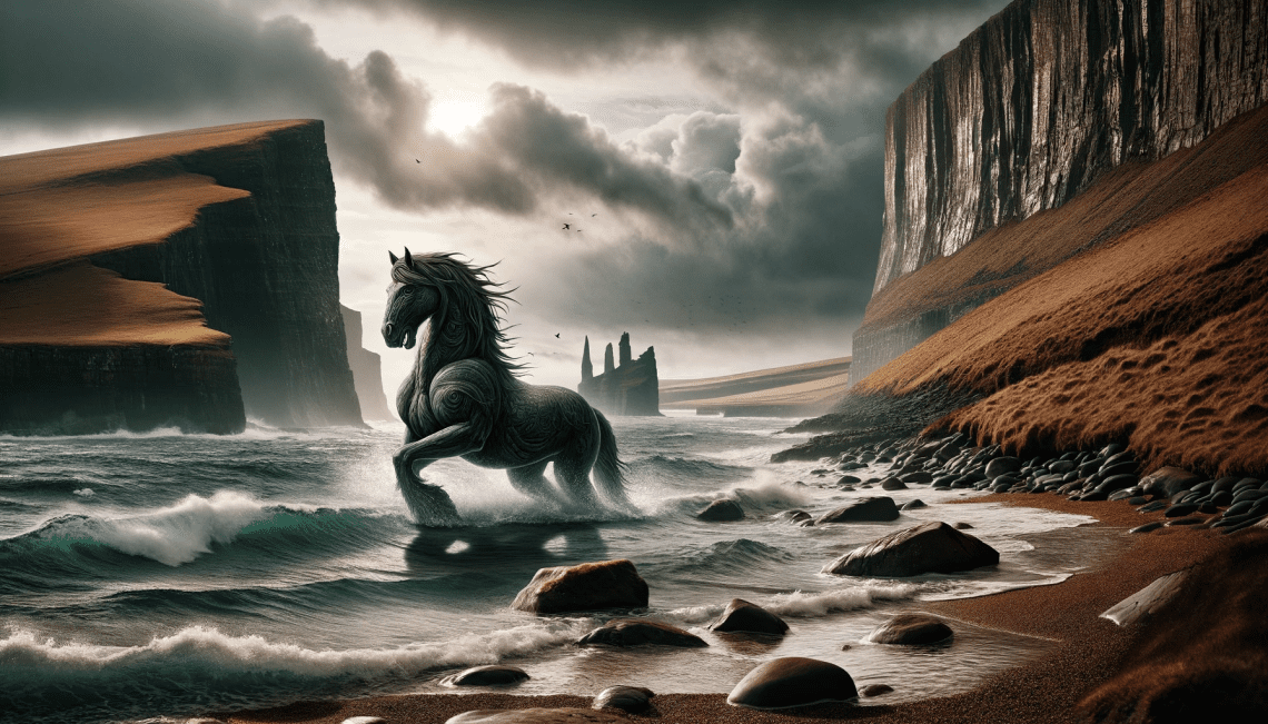 The Tangie, in its horse form, emerges from the sea onto a rocky beach. The scene includes rugged cliffs and a stormy sky, capturing the Tangie's mysterious nature against the wild Orkney coastline.