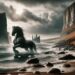 The Tangie, in its horse form, emerges from the sea onto a rocky beach. The scene includes rugged cliffs and a stormy sky, capturing the Tangie's mysterious nature against the wild Orkney coastline.