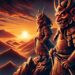 Illustrated on a mountain peak at sunset, the Tengu, with distinctive red faces and long noses, wear warrior armor. The peak offers a panoramic view of the landscape under the golden glow of the setting sun, capturing their role as fearsome warriors and spiritual beings, symbolizing their power in Japanese culture.