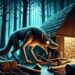 This image captures the Axehandle Hound stealthily approaching a woodshed in a dense forest. The twilight setting enhances the mysterious aura, with the creature's eyes glowing and its axe-handle shaped body blending with the axes around it.