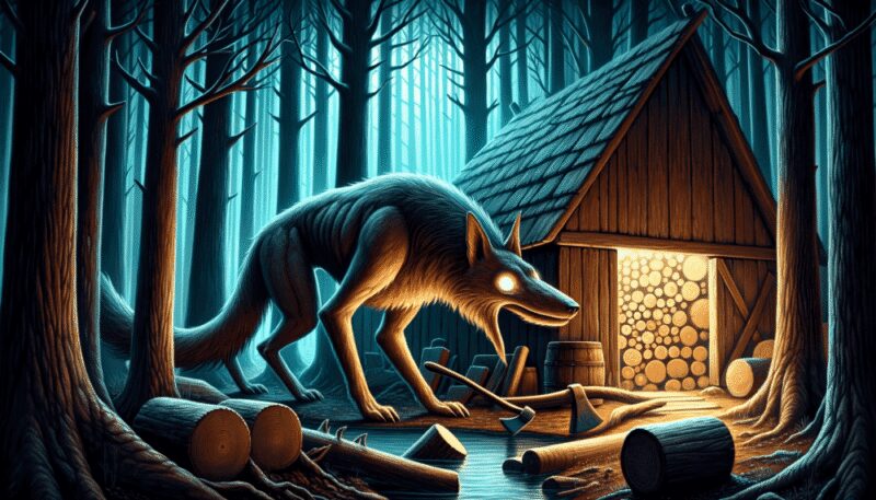 This image captures the Axehandle Hound stealthily approaching a woodshed in a dense forest. The twilight setting enhances the mysterious aura, with the creature's eyes glowing and its axe-handle shaped body blending with the axes around it.