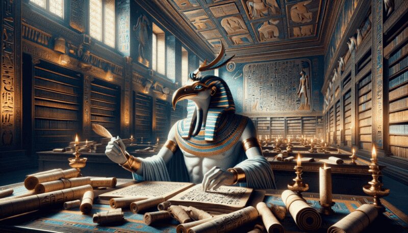 The ancient Egyptian god of wisdom and writing is depicted in a grand library. Thoth, with the head of an ibis and the body of a man, holds a writing palette and stylus, surrounded by papyrus scrolls and texts. The library, richly decorated with hieroglyphics and motifs, emphasizes Thoth's association with knowledge. Soft light illuminates the wealth of wisdom around him, capturing his role as a deity of wisdom and writing.