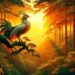 Illustrated in a lush forest at sunrise, the bird, known as the 'sanjakucho' in Japanese or 'samjok-o' in Korean, symbolizes the rising sun. Perched on a high tree branch, its plumage glows in the morning light. The forest, awakening with the sun's first rays, highlights the bird's connection to the dawn and its role as a harbinger of a new day.