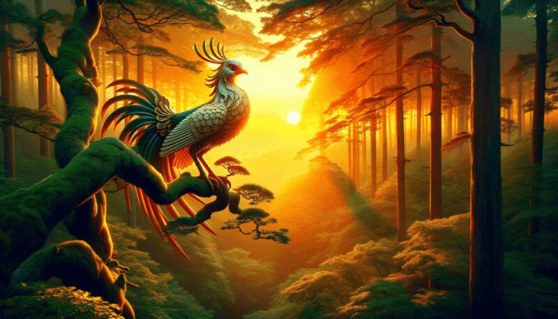 Illustrated in a lush forest at sunrise, the bird, known as the 'sanjakucho' in Japanese or 'samjok-o' in Korean, symbolizes the rising sun. Perched on a high tree branch, its plumage glows in the morning light. The forest, awakening with the sun's first rays, highlights the bird's connection to the dawn and its role as a harbinger of a new day.