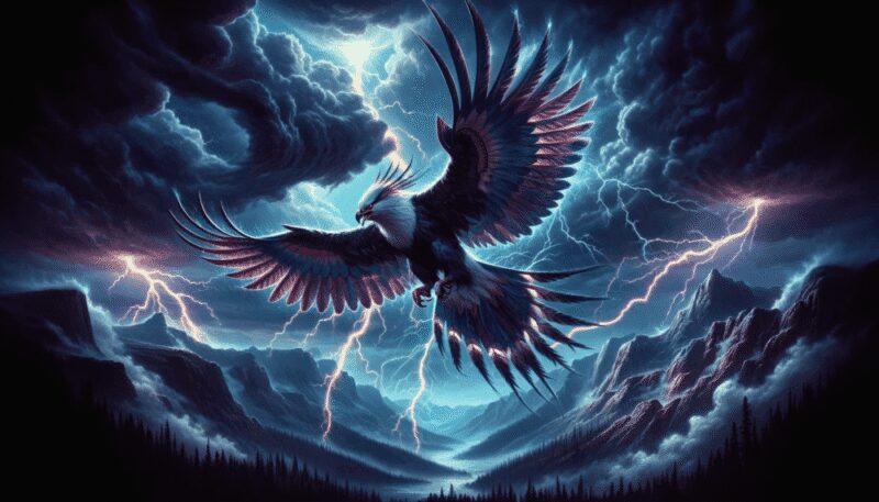 The Thunderbird, a mythical creature from Native American folklore, is depicted in a dramatic thunderstorm scene. With massive wings and a powerful presence, it flies among dark storm clouds with lightning flashing around. Its dark blue and purple feathers reflect the storm's intensity, over a landscape of rugged mountains and forests revitalized by the rain, symbolizing its role as a controller of storms and bringer of rain.