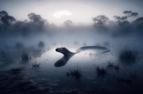In a fog-covered swamp in the Australian outback at dawn, the Tjinimin is subtly visible in the misty waters. It appears as a serpentine, eel-like creature, creating a sense of mystery and unease. The faint glow of its scales hints at its supernatural origins, enhancing the mystical and elusive nature of the Tjinimin in this captivating scene.