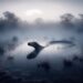 In a fog-covered swamp in the Australian outback at dawn, the Tjinimin is subtly visible in the misty waters. It appears as a serpentine, eel-like creature, creating a sense of mystery and unease. The faint glow of its scales hints at its supernatural origins, enhancing the mystical and elusive nature of the Tjinimin in this captivating scene.