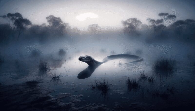In a fog-covered swamp in the Australian outback at dawn, the Tjinimin is subtly visible in the misty waters. It appears as a serpentine, eel-like creature, creating a sense of mystery and unease. The faint glow of its scales hints at its supernatural origins, enhancing the mystical and elusive nature of the Tjinimin in this captivating scene.