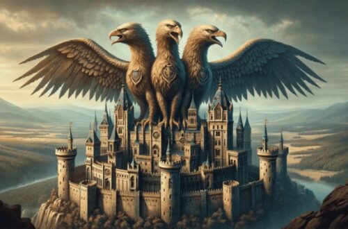 The mythical creature is perched atop a castle tower, with each head facing a different direction, overseeing the vast kingdom. The grand castle setting includes high walls, battlements, and a moat, emphasizing the eagle's role as a protector and guardian.