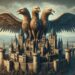The mythical creature is perched atop a castle tower, with each head facing a different direction, overseeing the vast kingdom. The grand castle setting includes high walls, battlements, and a moat, emphasizing the eagle's role as a protector and guardian.