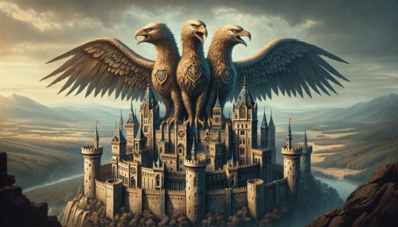 The mythical creature is perched atop a castle tower, with each head facing a different direction, overseeing the vast kingdom. The grand castle setting includes high walls, battlements, and a moat, emphasizing the eagle's role as a protector and guardian.