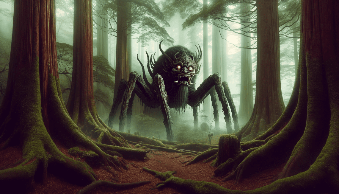 In a mystical Japanese forest, the Tsuchigumo is depicted with the body of a giant spider and the face of an Oni. It lurks among the trees, creating an eerie and foreboding atmosphere. This image captures the mythical creature's terror and supernatural presence, a key element in Japanese folklore.