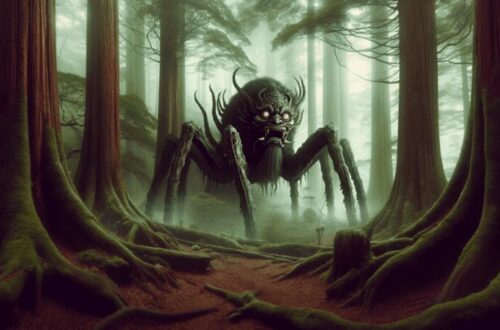 In a mystical Japanese forest, the Tsuchigumo is depicted with the body of a giant spider and the face of an Oni. It lurks among the trees, creating an eerie and foreboding atmosphere. This image captures the mythical creature's terror and supernatural presence, a key element in Japanese folklore.